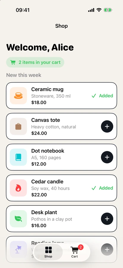 MobAI preview of the Shelf app on Linux: the shop with the ceramic mug and the cedar candle added, 2 items in the cart