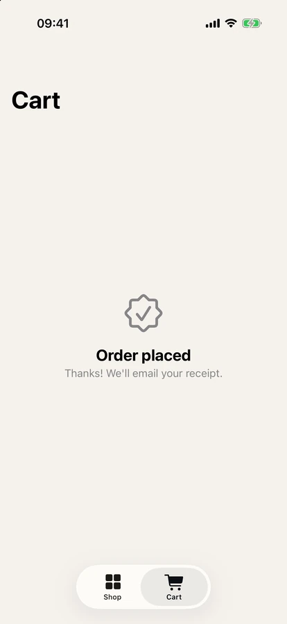 iOS simulator on a GitHub Actions runner showing the Shelf order confirmation: Order placed